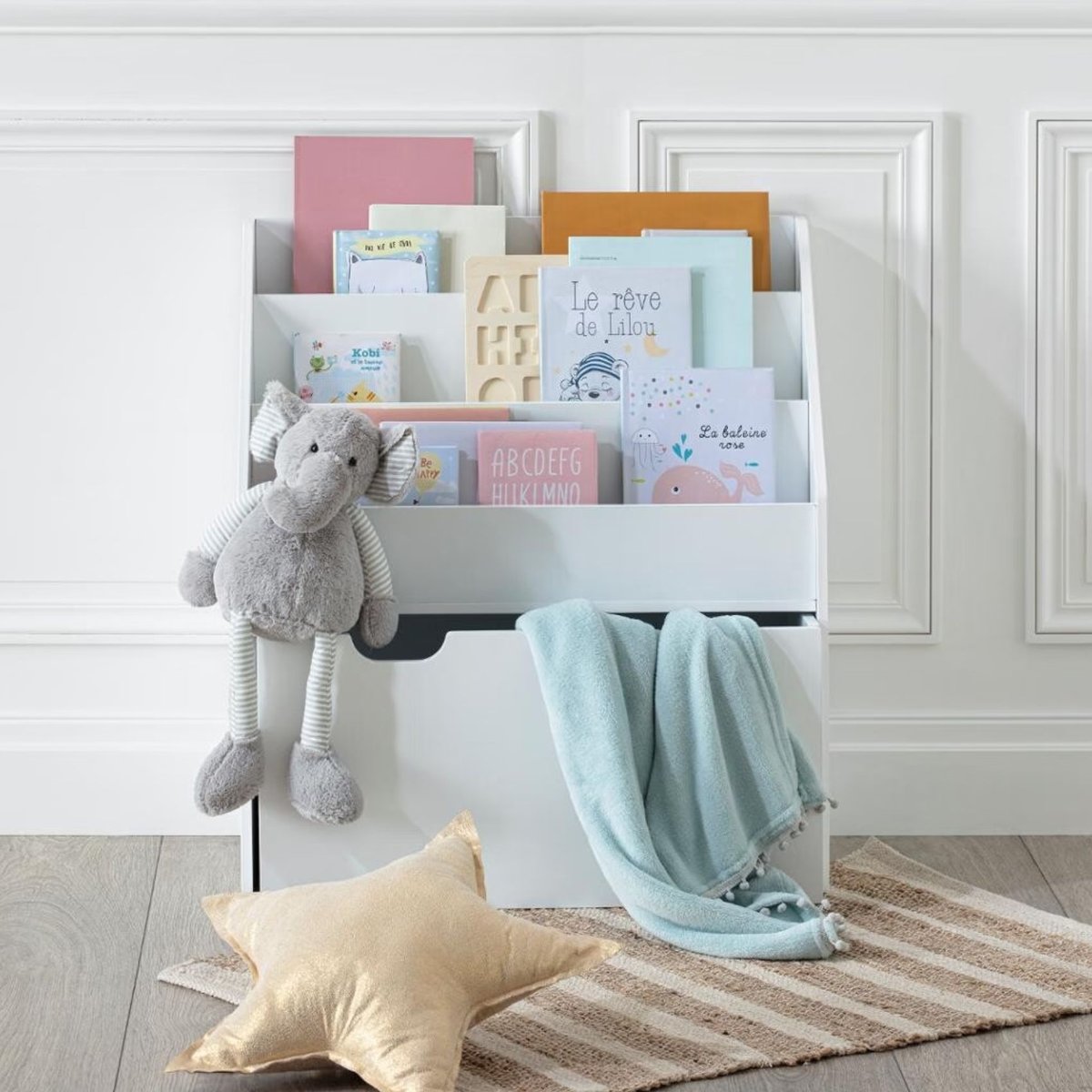 Bibliothèque enfant bac à roulettes DOUCEUR blanc, ATMOSPHERA FOR KIDS
