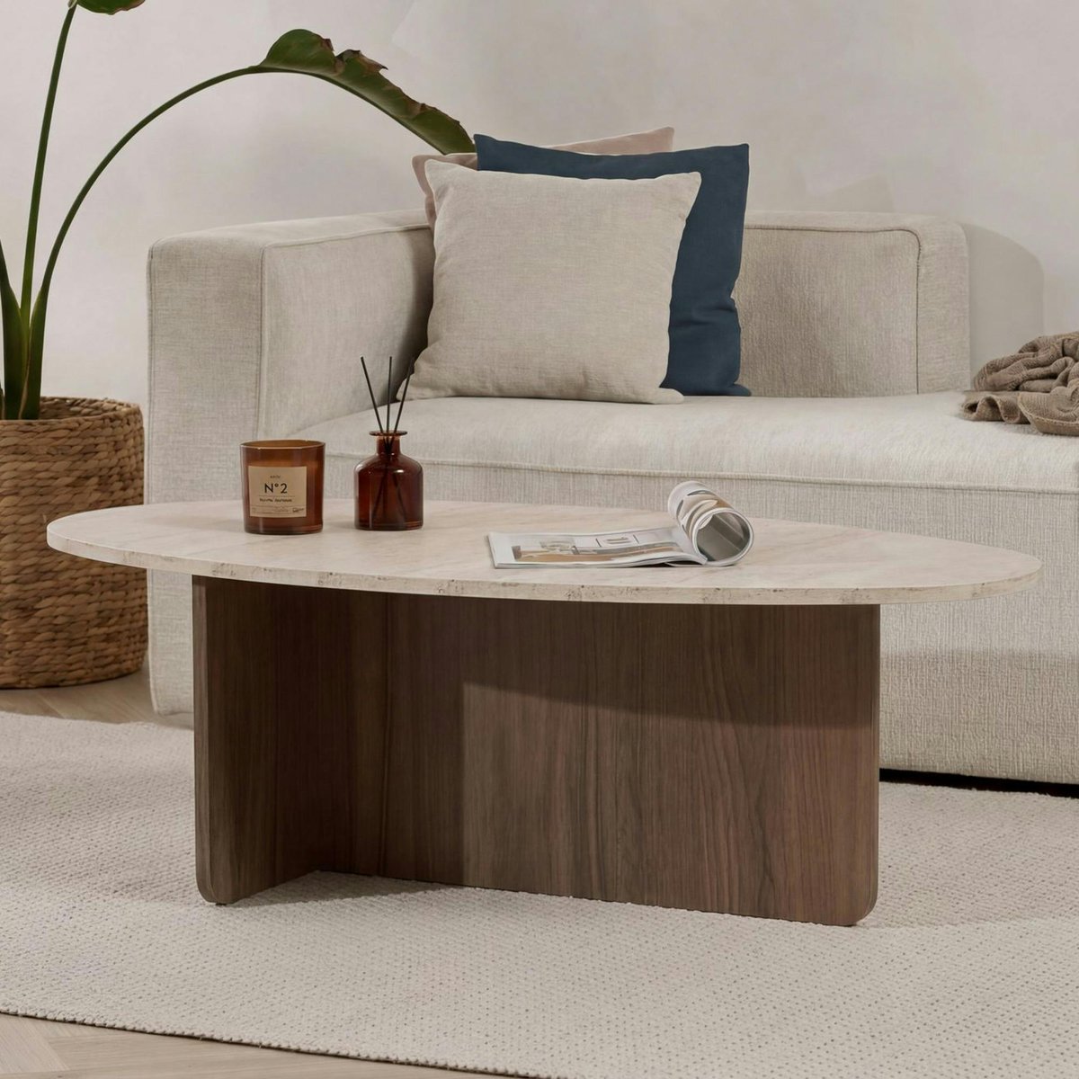 Table basse ovale organique décor travertin et noyer MARFA beige, PIER IMPORT