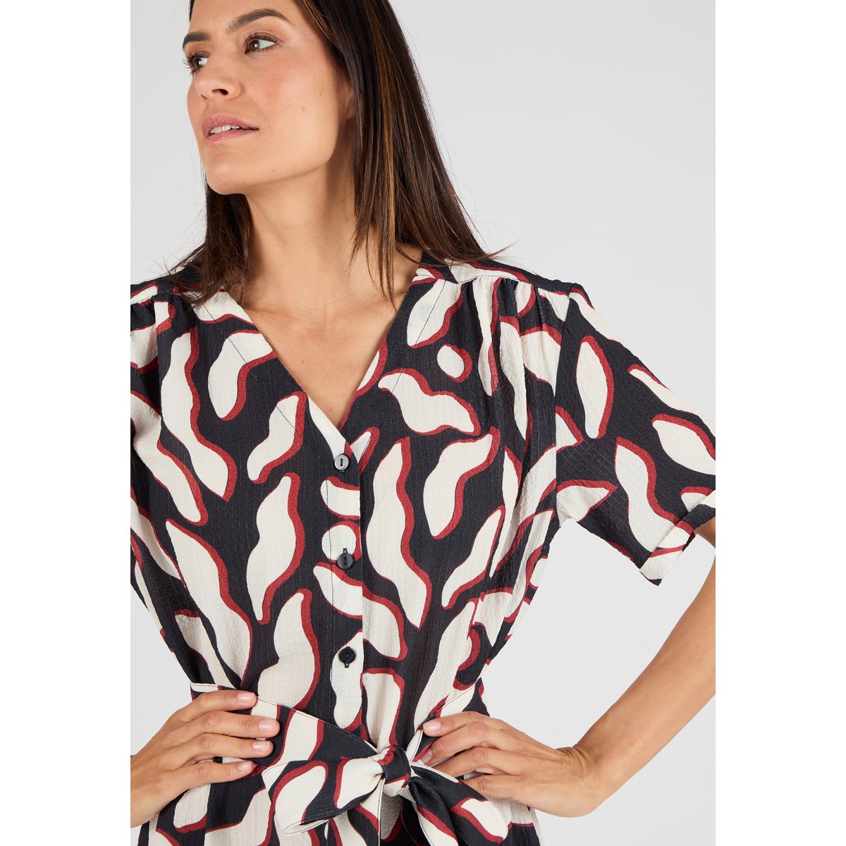 Robe fluide crépon noir graphique, DAMART