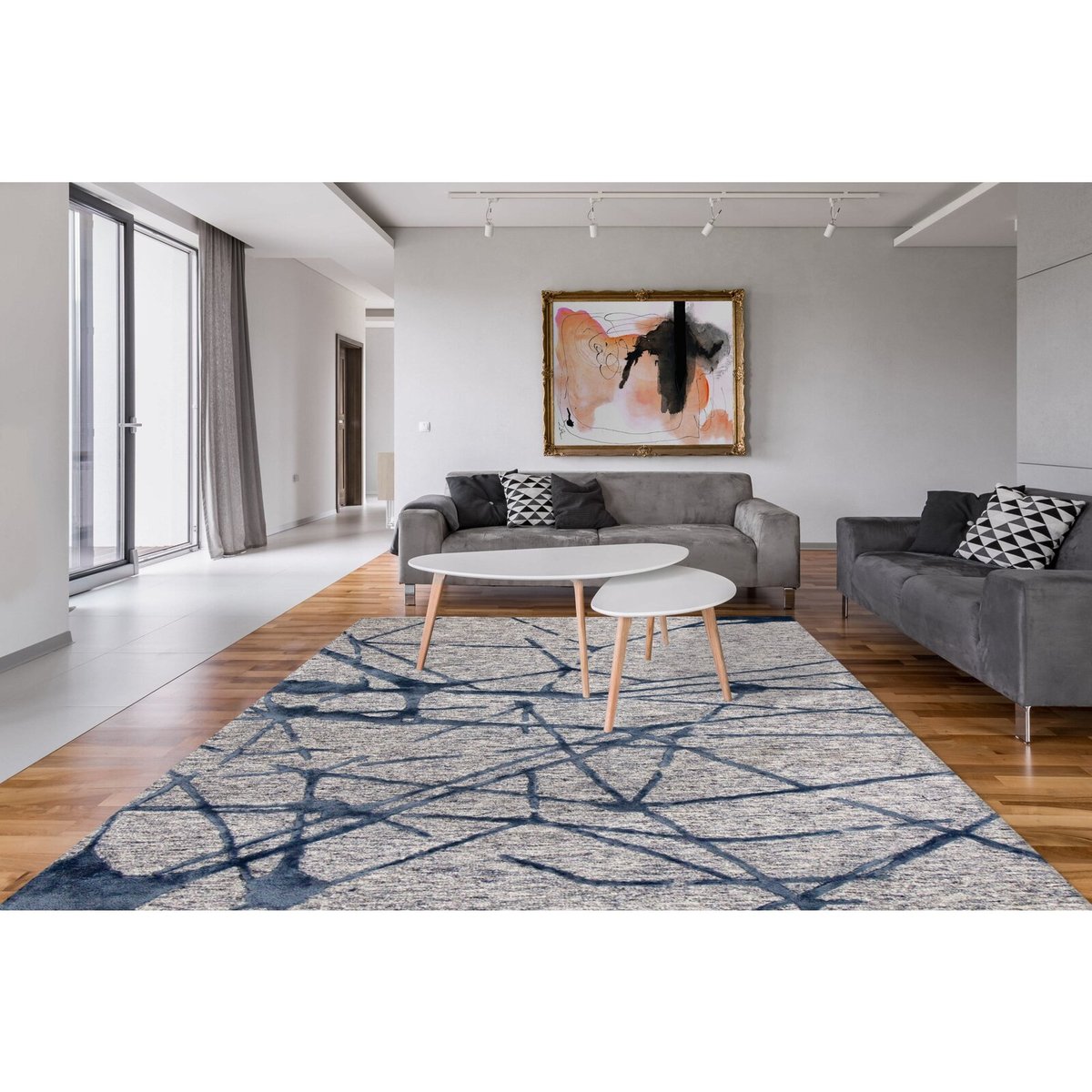 Tapis rectangulaire en viscose, fait main gris, bleu, ARTE ESPINA