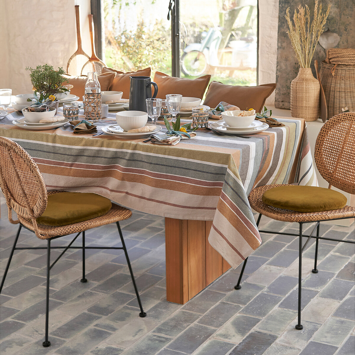 Nappe rayures coton lavé tissé-teint, Antika kaki/caramel, LA REDOUTE INTERIEURS