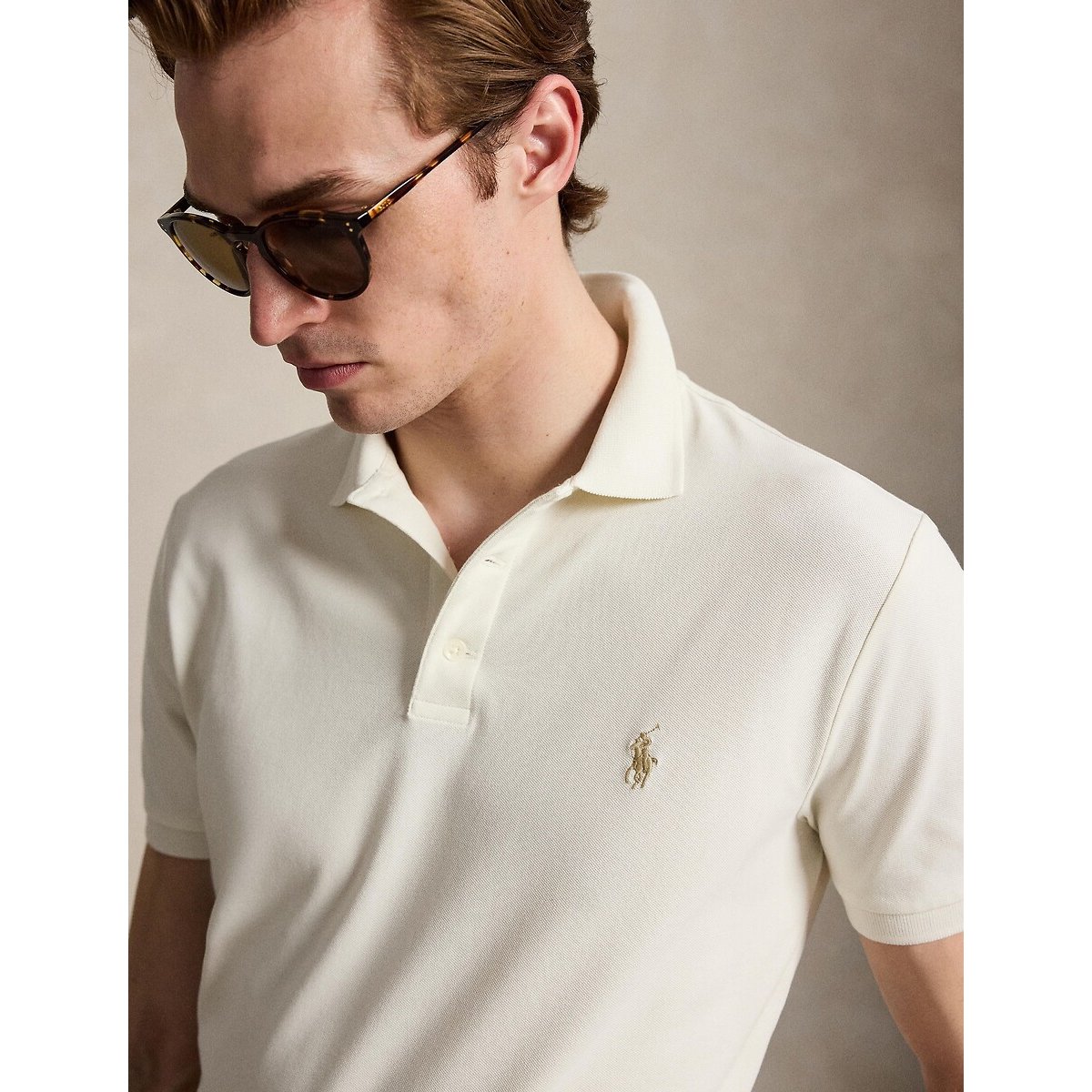 Custom Slim Fit Stretch Cotton Pique Polo Shirt cream, POLO RALPH LAUREN