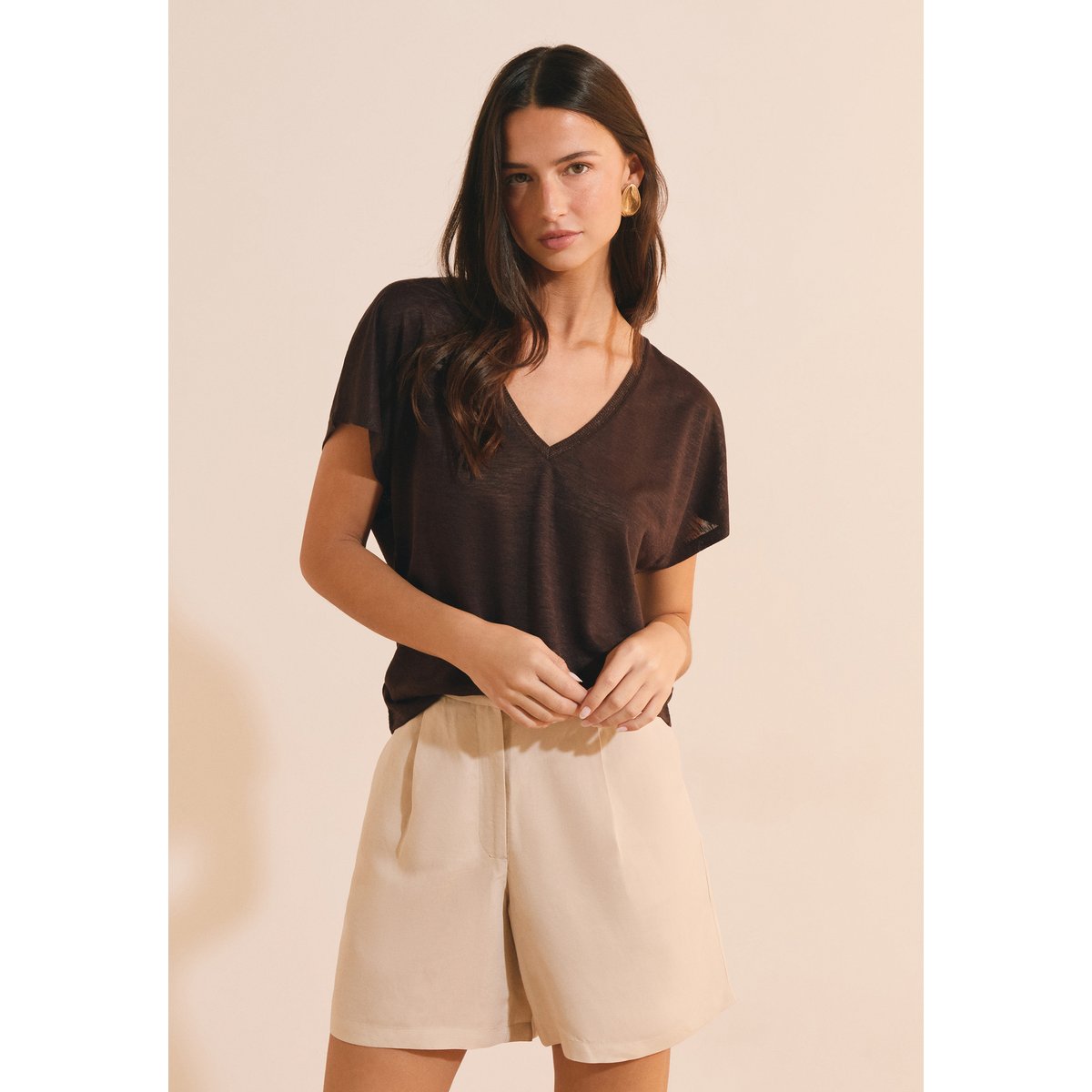 T-shirt manches courtes col V TANGO TS marron, ETAM