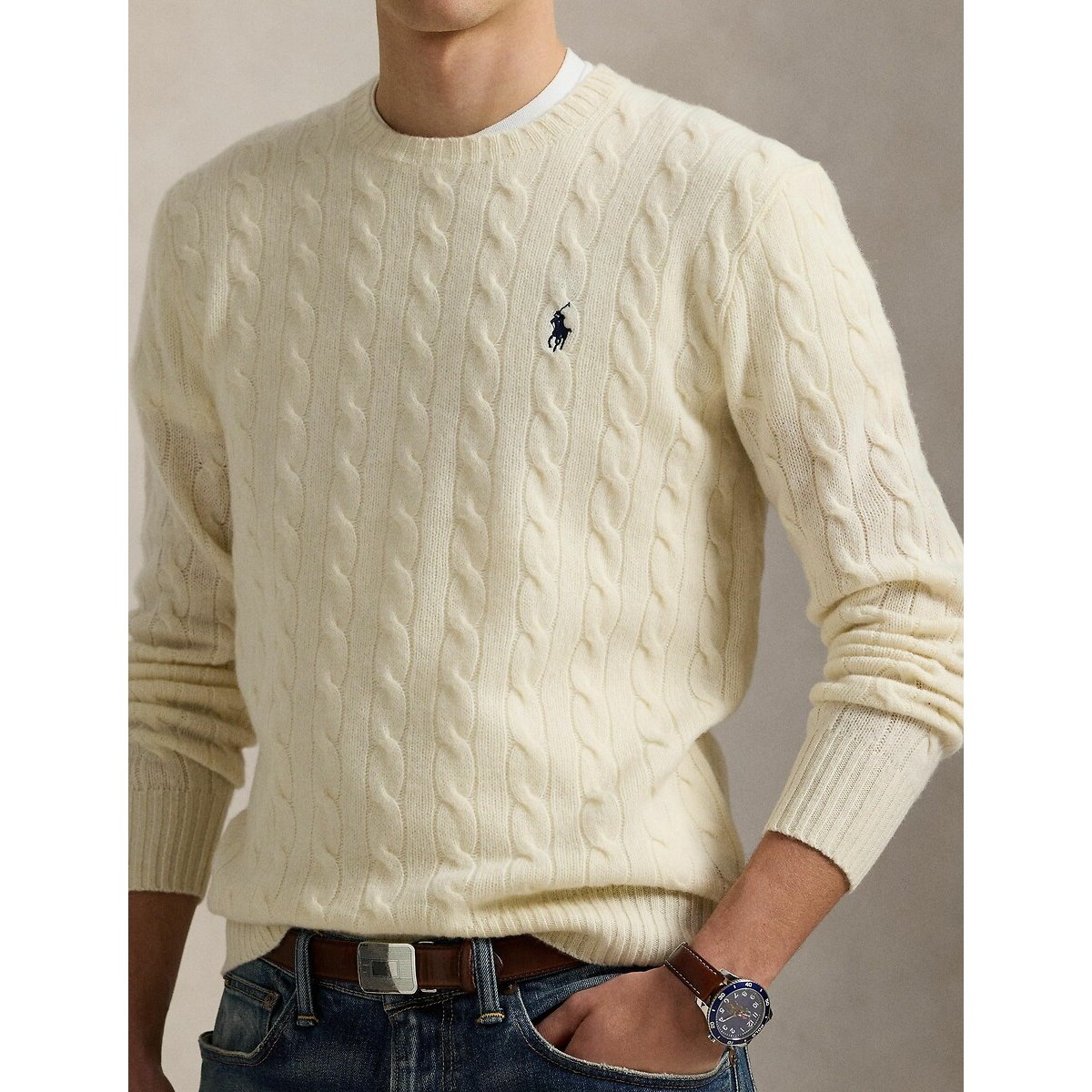 Cable Knit Jumper in Wool and Cashmere beige, POLO RALPH LAUREN