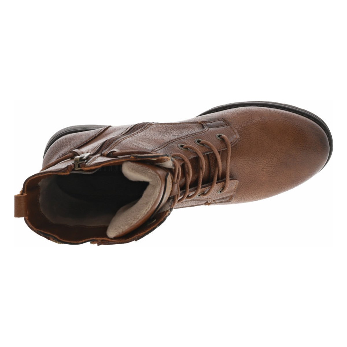 Bottines cognac à talon décroché bas avec un zip et des lacets ronds cognac, MUSTANG