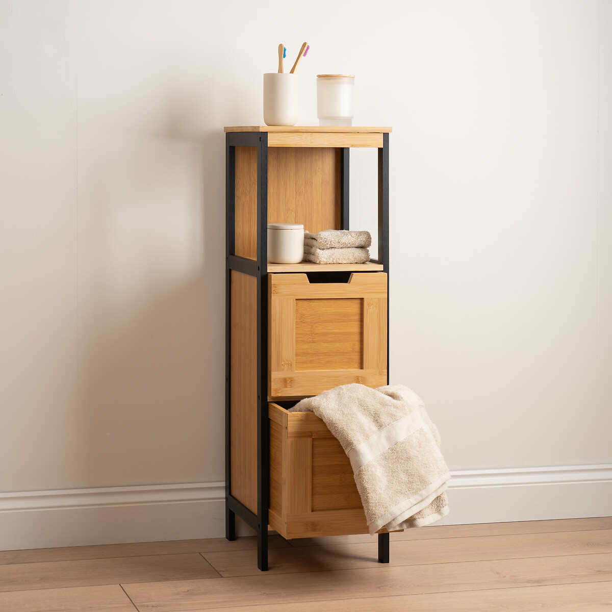 Slatted Bamboo Bathroom Slimline Drawers black, SO'HOME