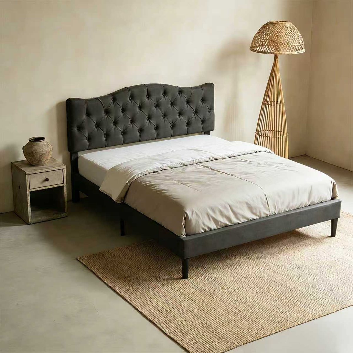 Lit double capitonné sans matelas sans rangement, LEON gris, MEUBLES COSY
