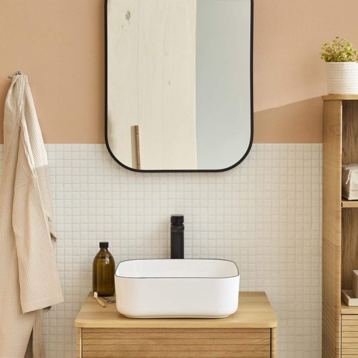 Vasque à poser carrée céramique blanche avec liseret noir 37cm ALIX noir et blanc, MOB IN