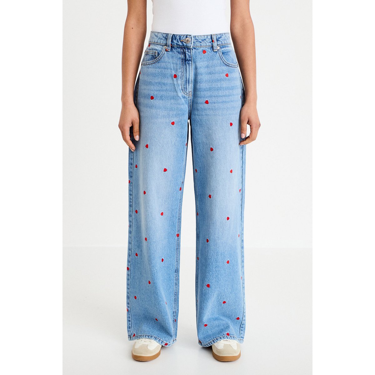 Jean wide leg taille haute brodé denim double stone, CACHE CACHE