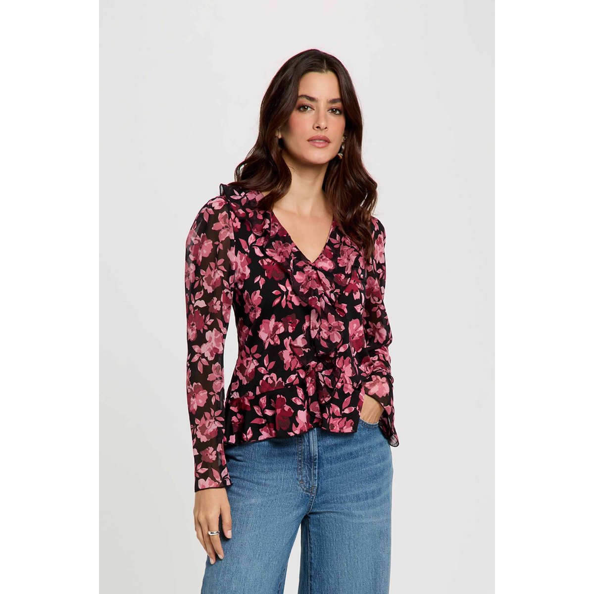 Blouse col v volants multicolore, MORGAN