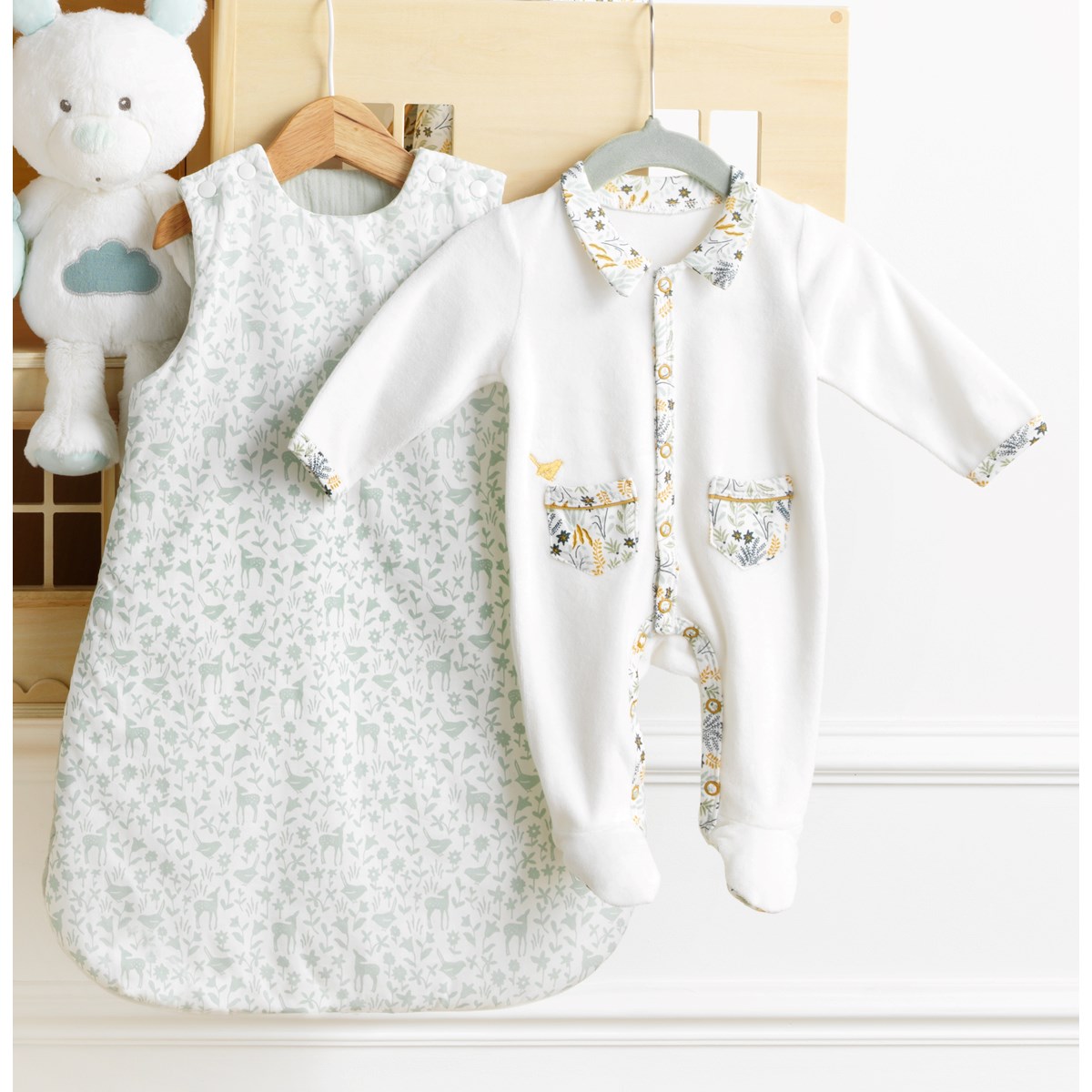 Gigoteuse naissance en coton imprimé blanc/bleu, SAUTHON