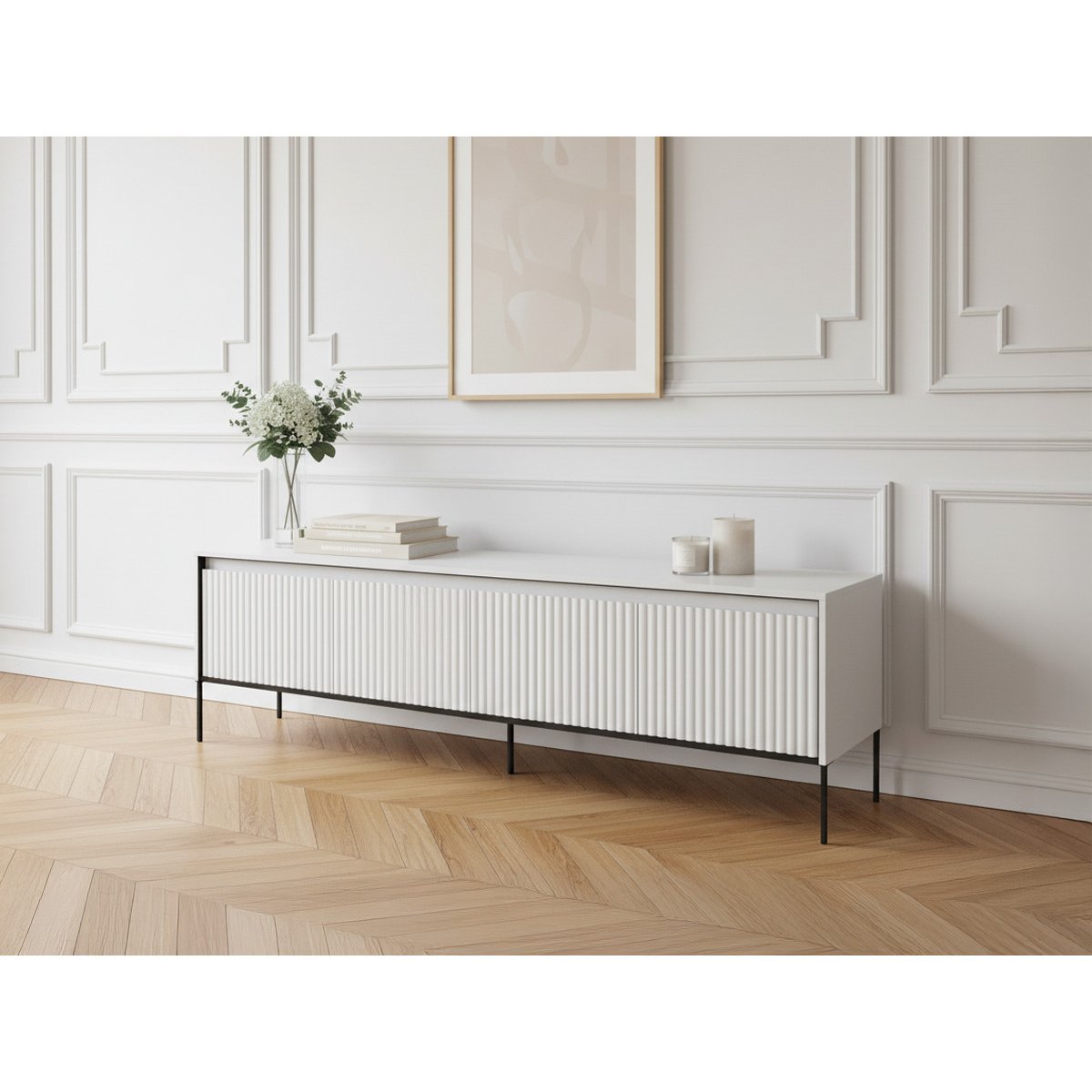 Meuble TV 193 cm panneaux de particules, LENARA blanc, BOBOCHIC