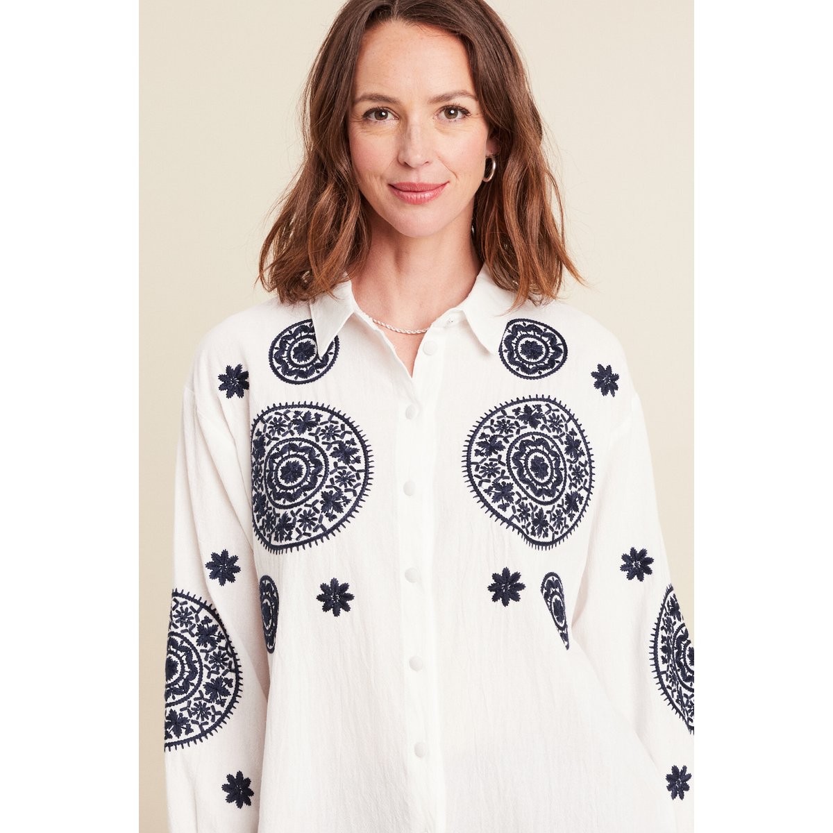 chemise en coton brodée manches longues ecru, BREAL
