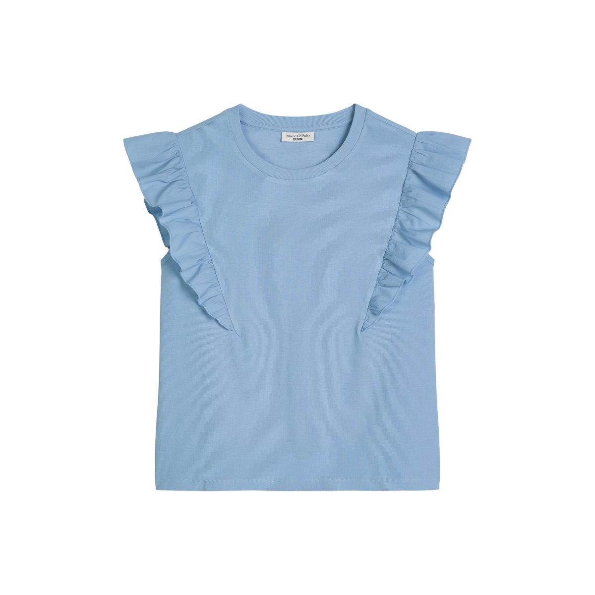 Top à volants sans manches regular en jersey côtelé doux bleu moyen, MARC O’POLO DENIM