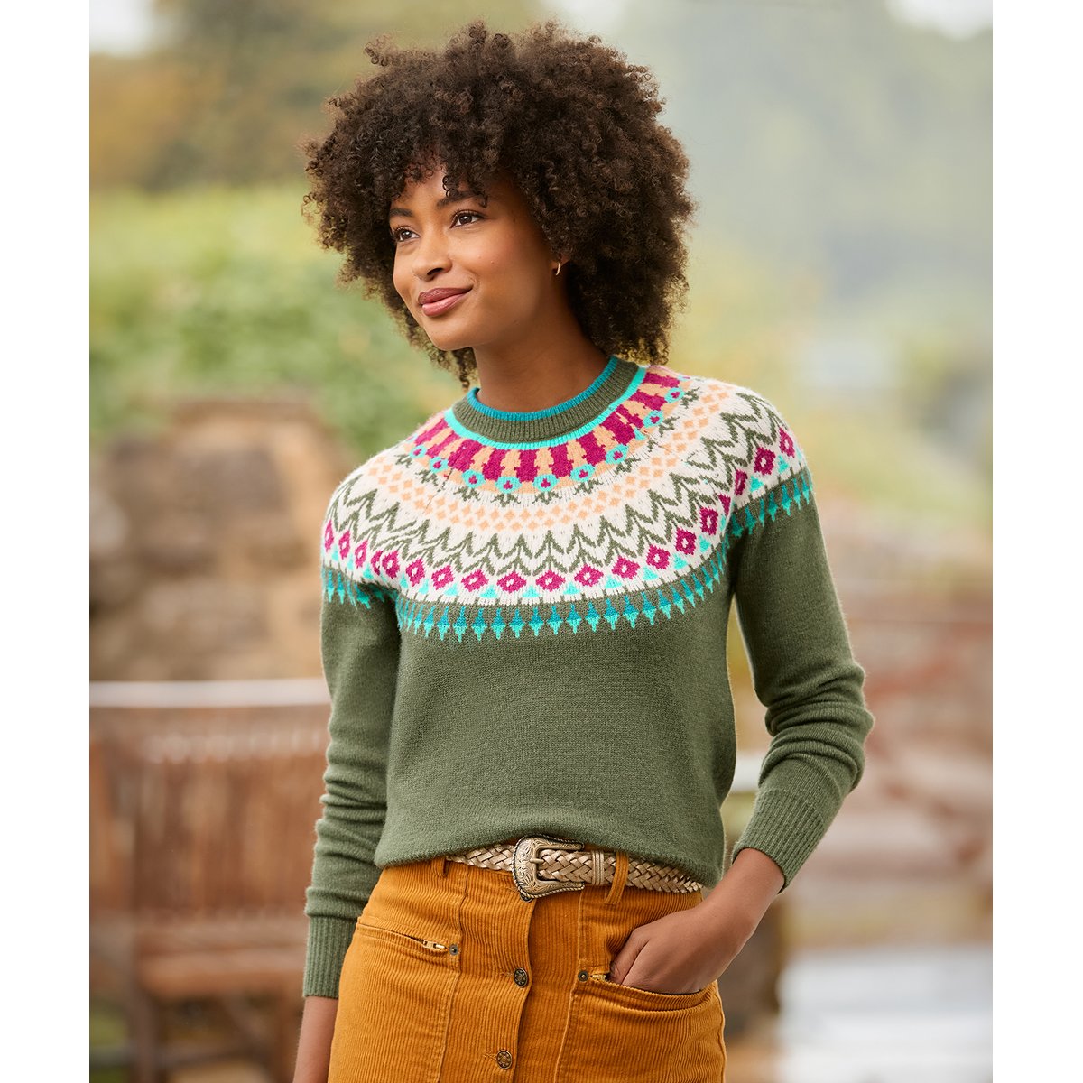 Pull Jacquard Fair Isle Fleuri Tilly vert, JOE BROWNS