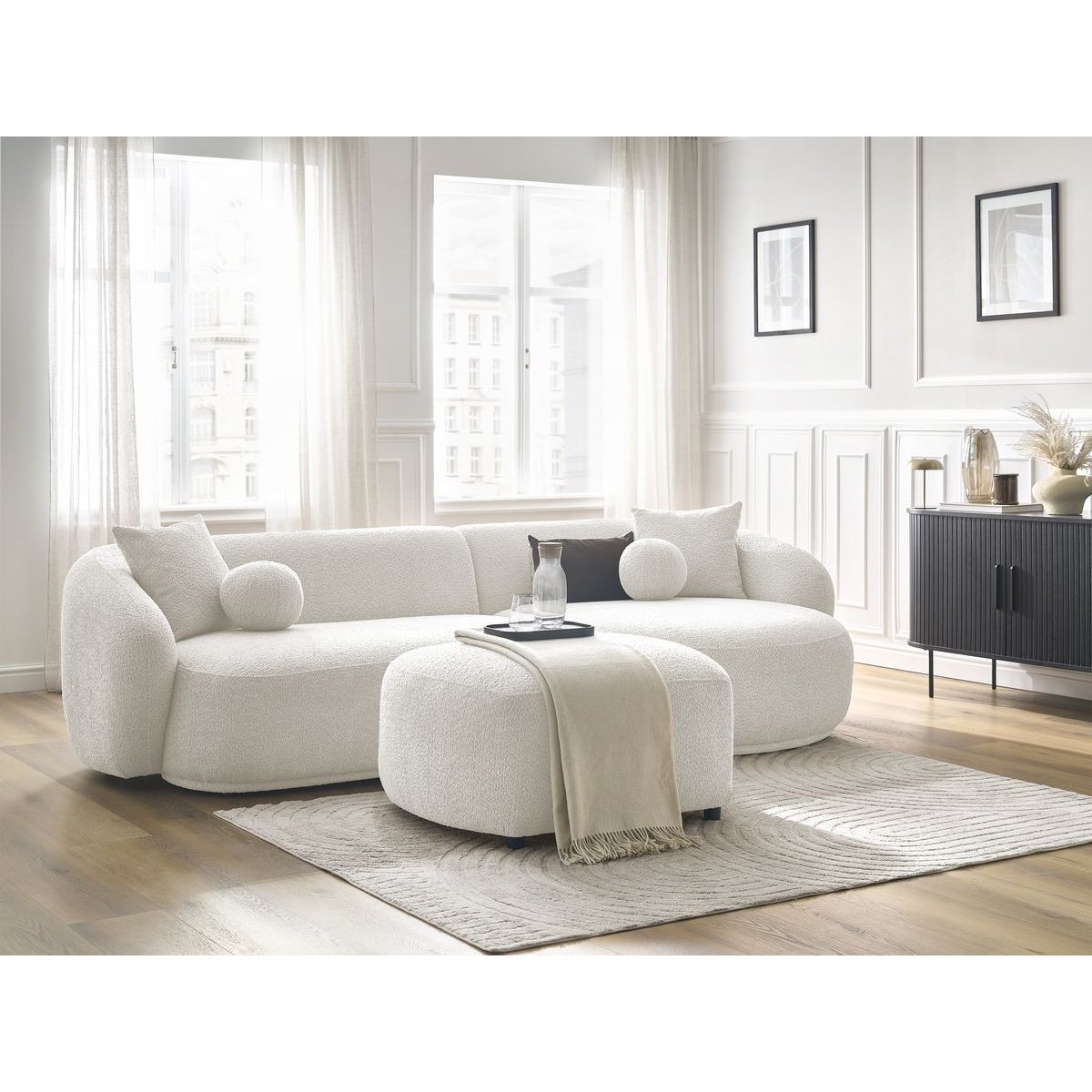 Canapé d'angle fixe 4 places en tissu bouclette avec pouf, ASHLEY blanc, BOBOCHIC