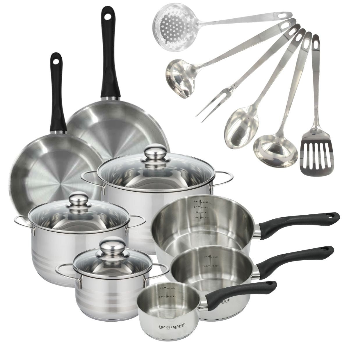 2 poêles 20/24, 3 faitouts 16/20/24, 3 casseroles 12/16/20 inox|noir, FACKELMANN