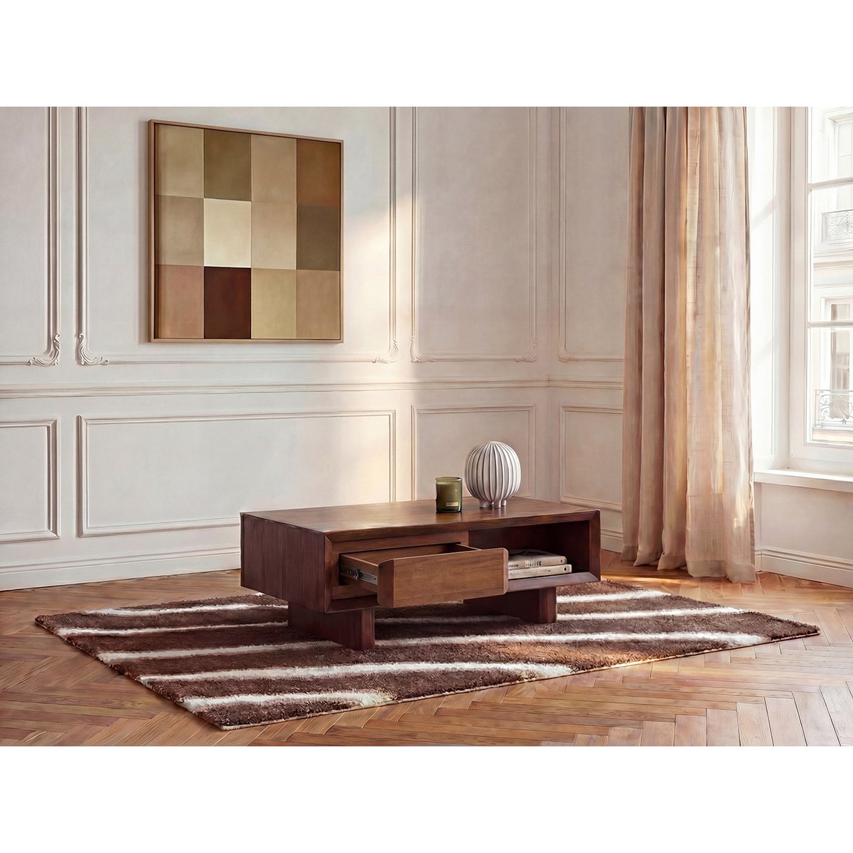 Table basse rectangle en bois massif, BELLECOUR marron foncé, BOBOCHIC
