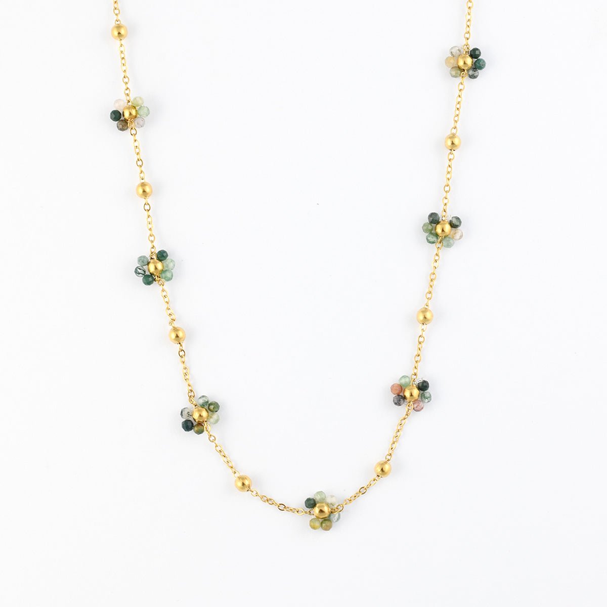 Collier chaîne fine acier inoxydable et fleur en pierre d'Aventurine vert, BALABOOSTE