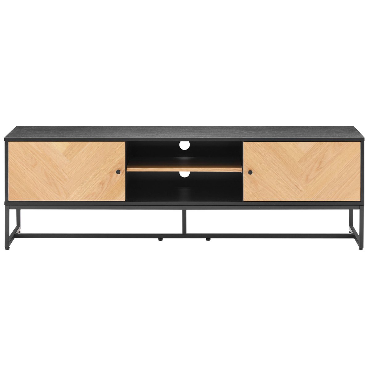 Meuble TV noir et bois plaqué chêne 160 cm, MARCEAU noir, OVIALA