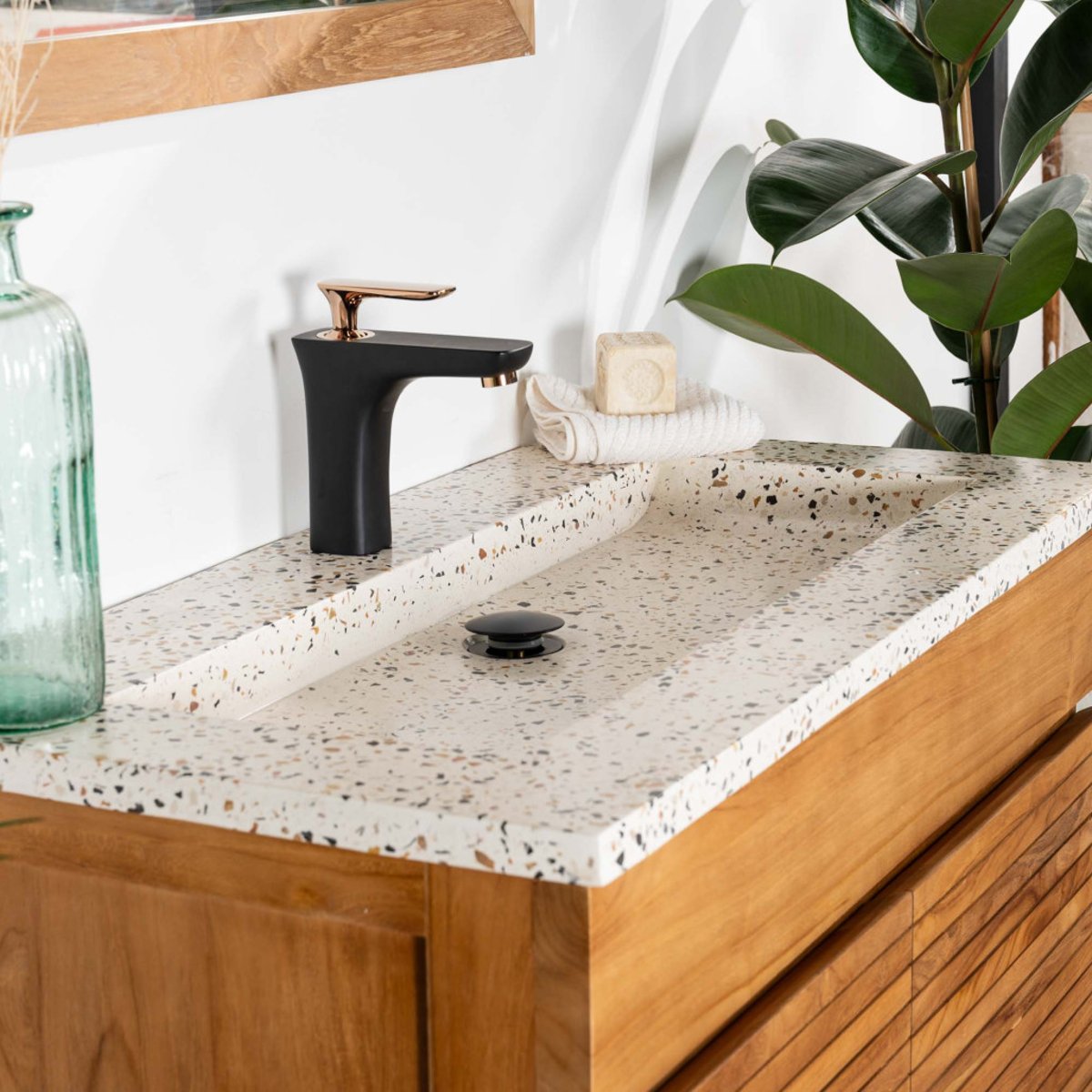 Meuble salle de bain en teck et terrazzo crème Aktual 90cm crème, WANDA COLLECTION
