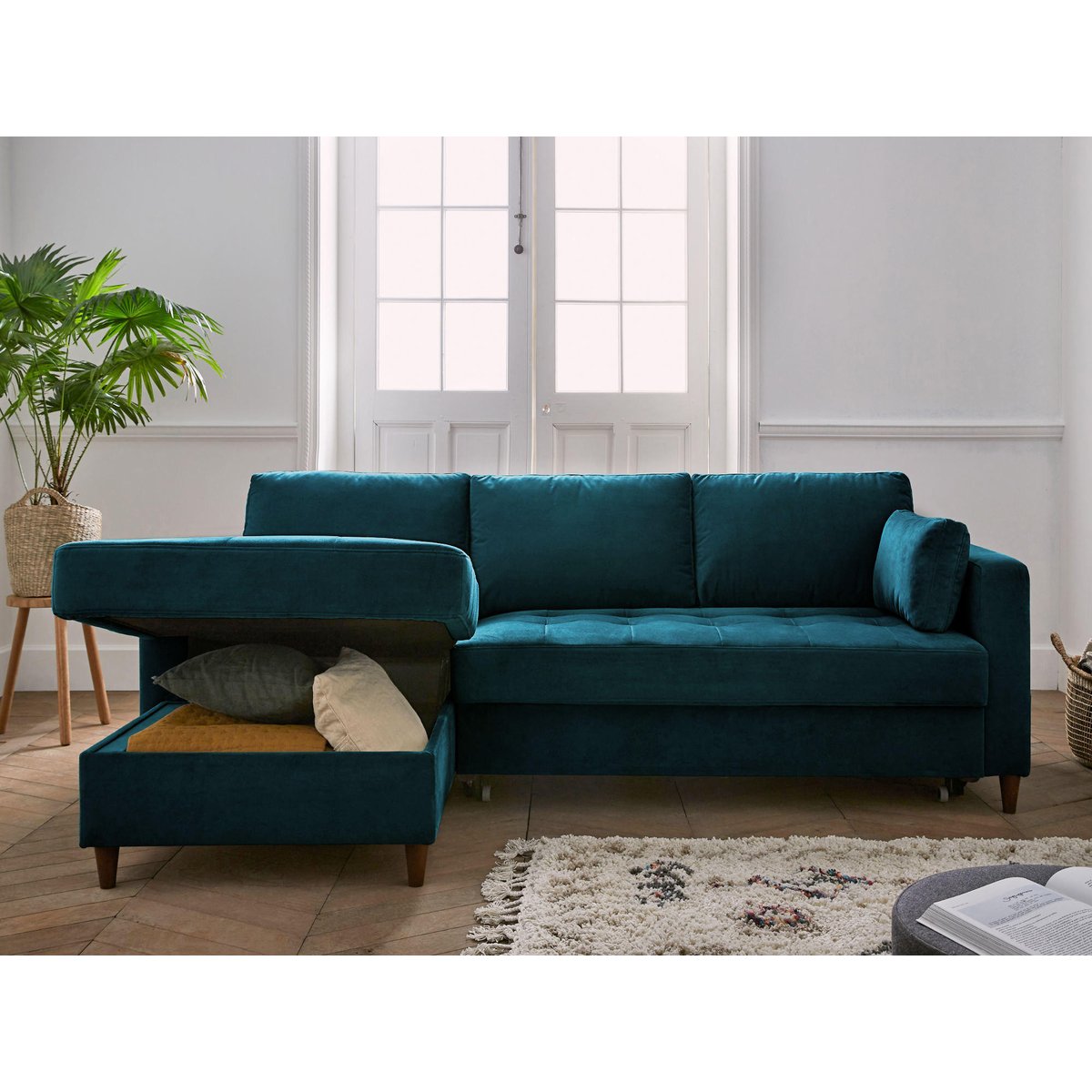 Canapé d'Angle Convertible 4 places - ANNA bleu canard, BEST MOBILIER
