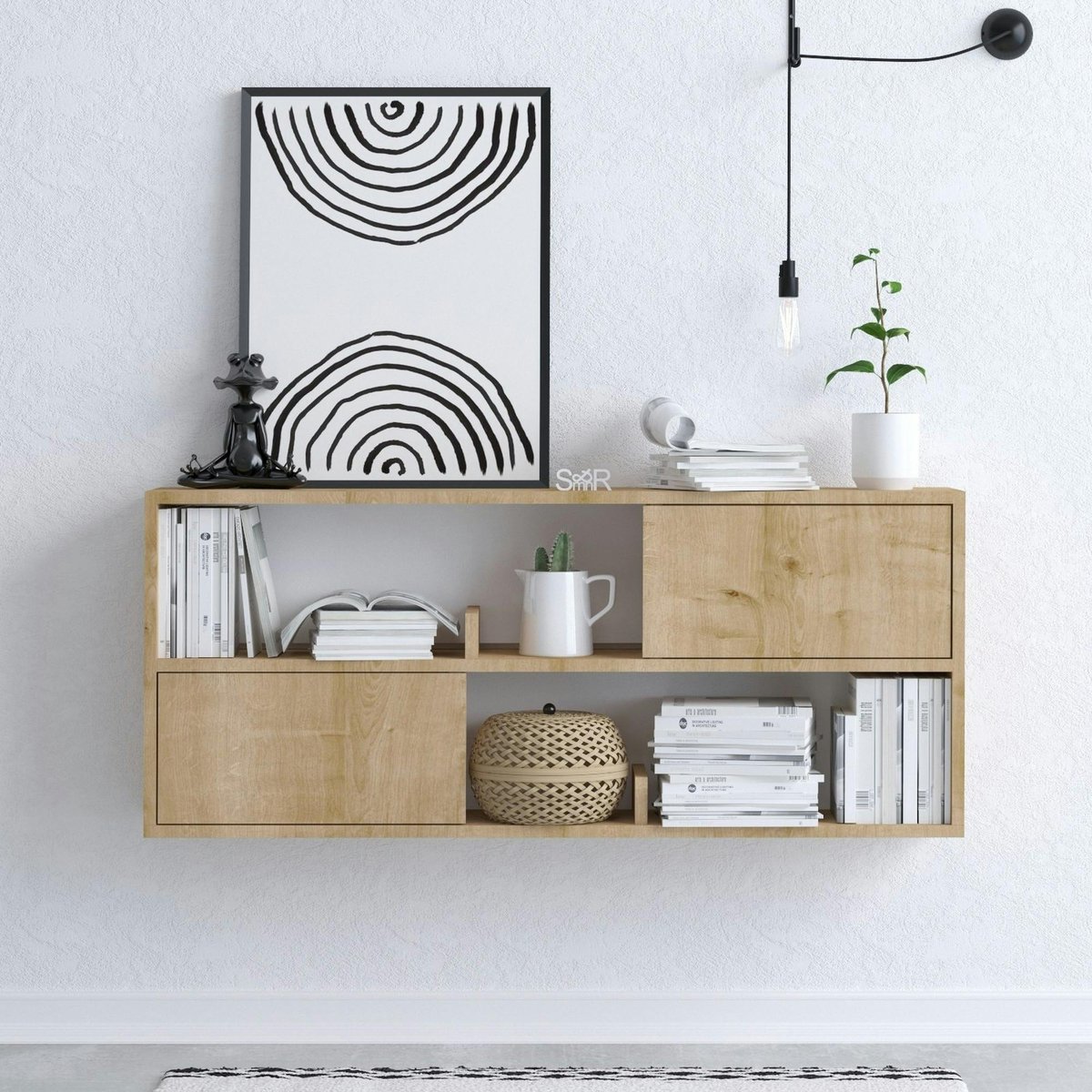 Rangement mural suspendu effet chêne, avec niches MARFA bois naturel, PIER IMPORT