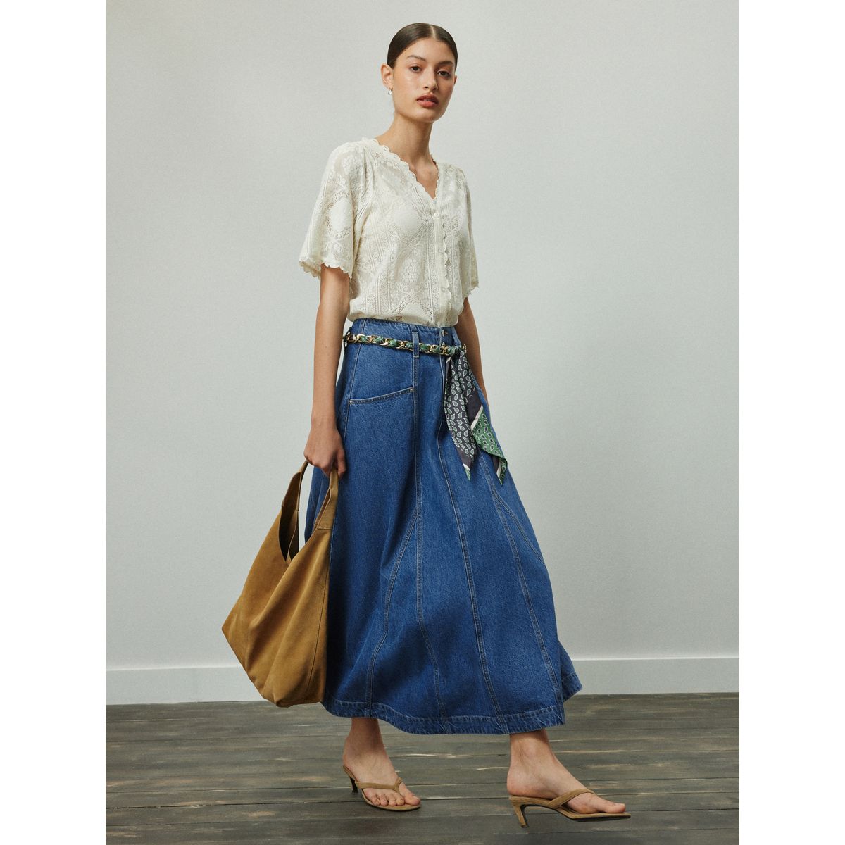 Jupe longue en jean bleu moyen, NEXT