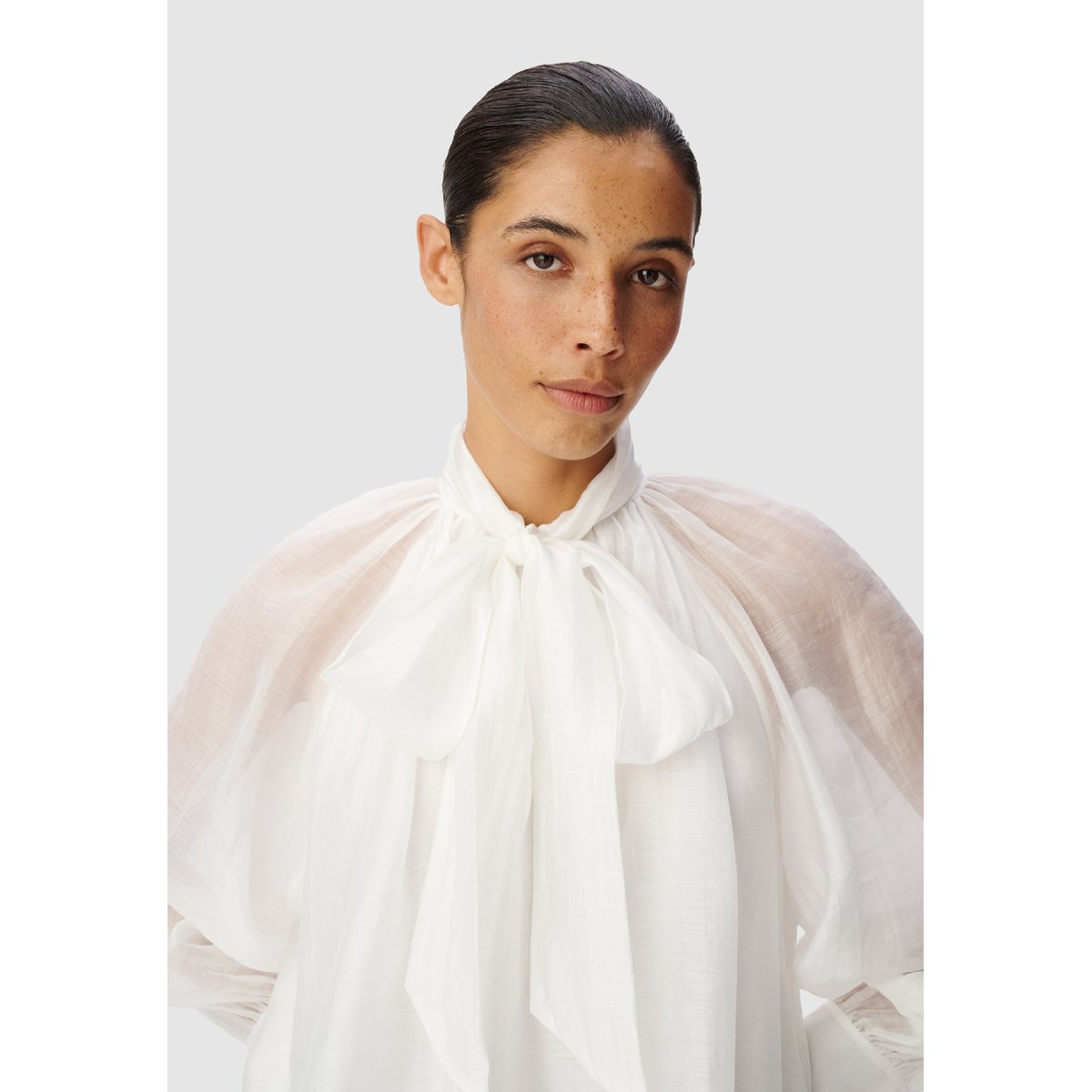 Blouse col lavallière manches ballon blanc cassé, IKKS