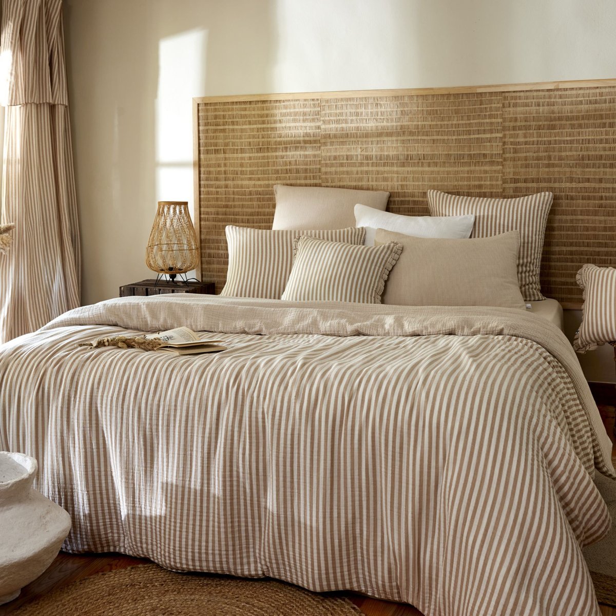 Housse de couette gaze de coton à rayures beige  - NINON beige, TERRE DE NUIT