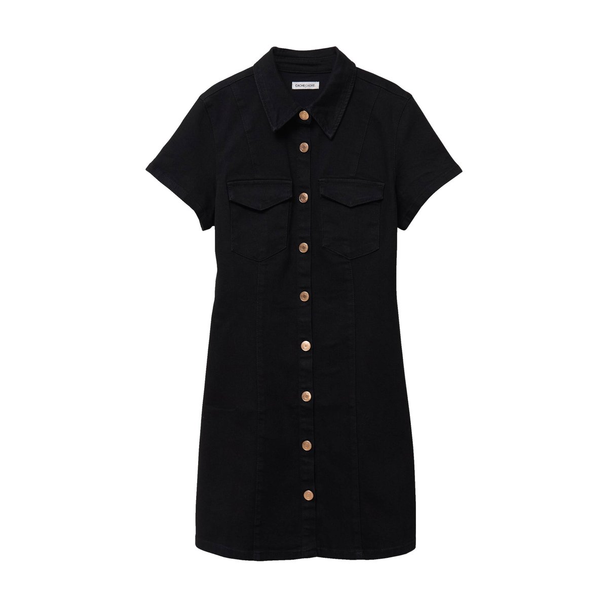 Robe courte trapèze en jean col chemise noir, CACHE CACHE