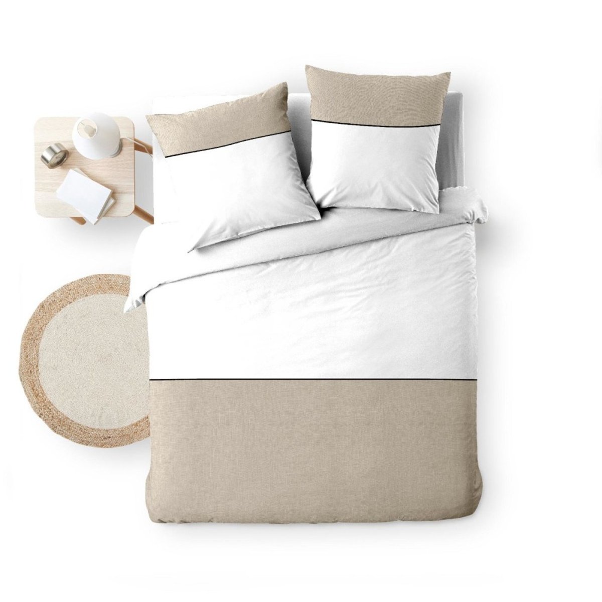 Housse De Couette 260x240 + 2 Taies Bicolore 100% Coton 57fils blanc, DECORATIE