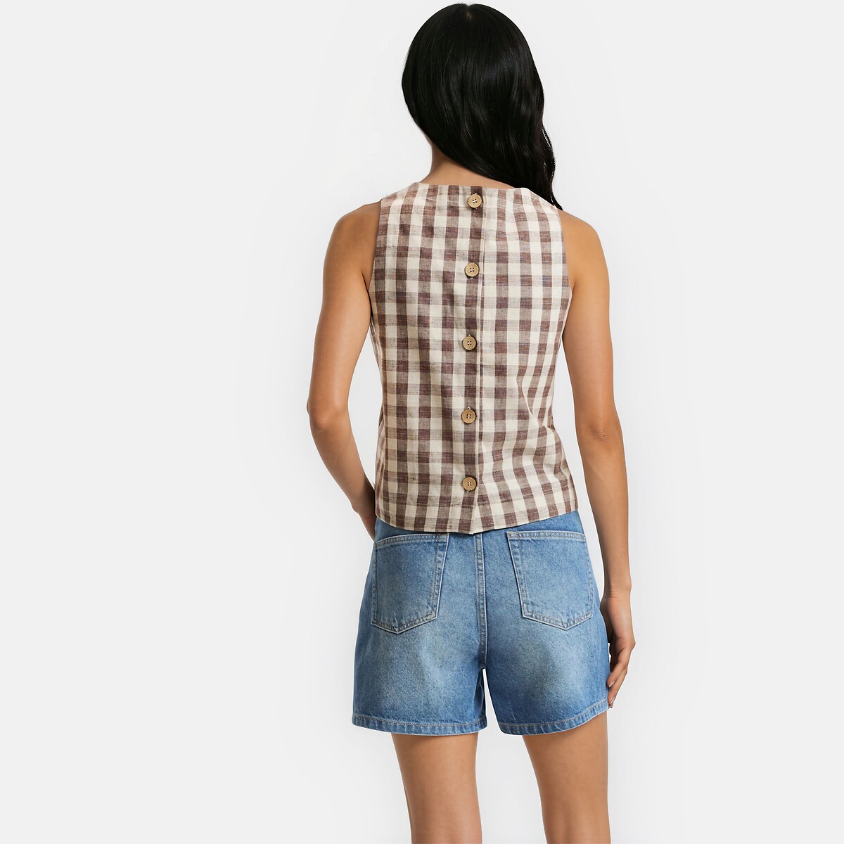 Top sans manches imprimé vichy en coton et lin vichy marron, LA REDOUTE COLLECTIONS