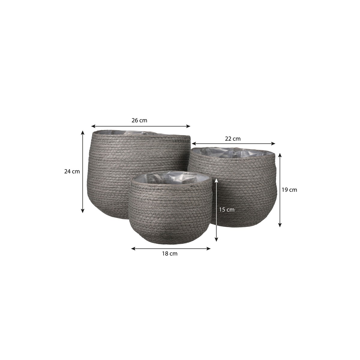 Ensemble de 3 paniers à plantes Ø26 cm JORCK gris, MICA DECORATIONS