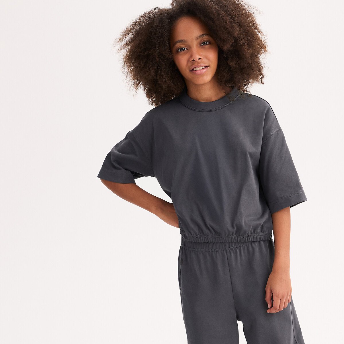 T-shirt élastiqué, à col rond, manches courtes, en jersey lourd gris foncé, LA REDOUTE COLLECTIONS
