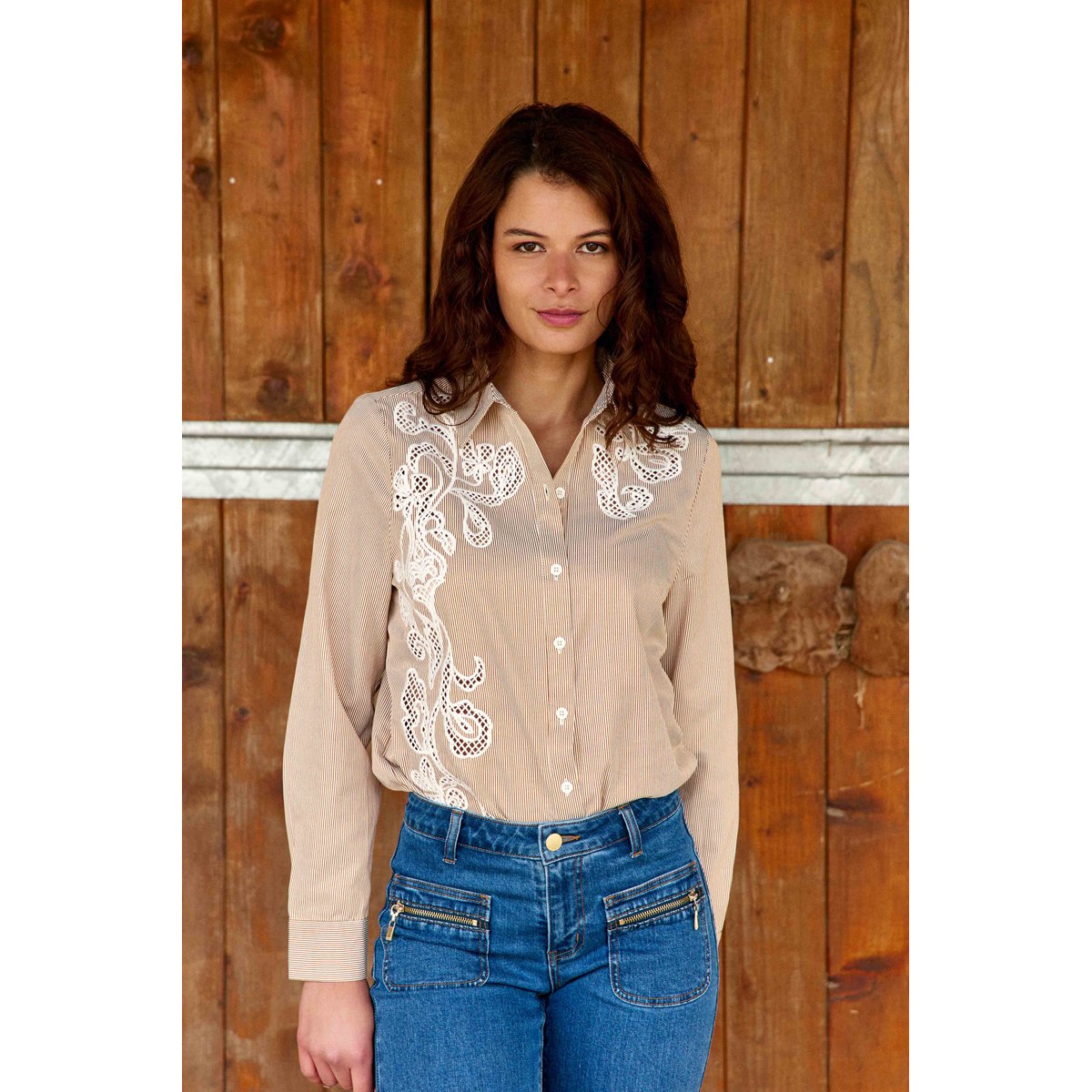 Chemisier manches longues col chemise imprimé à rayures CLEMA 15-ecru/camel, LA PETITE ETOILE