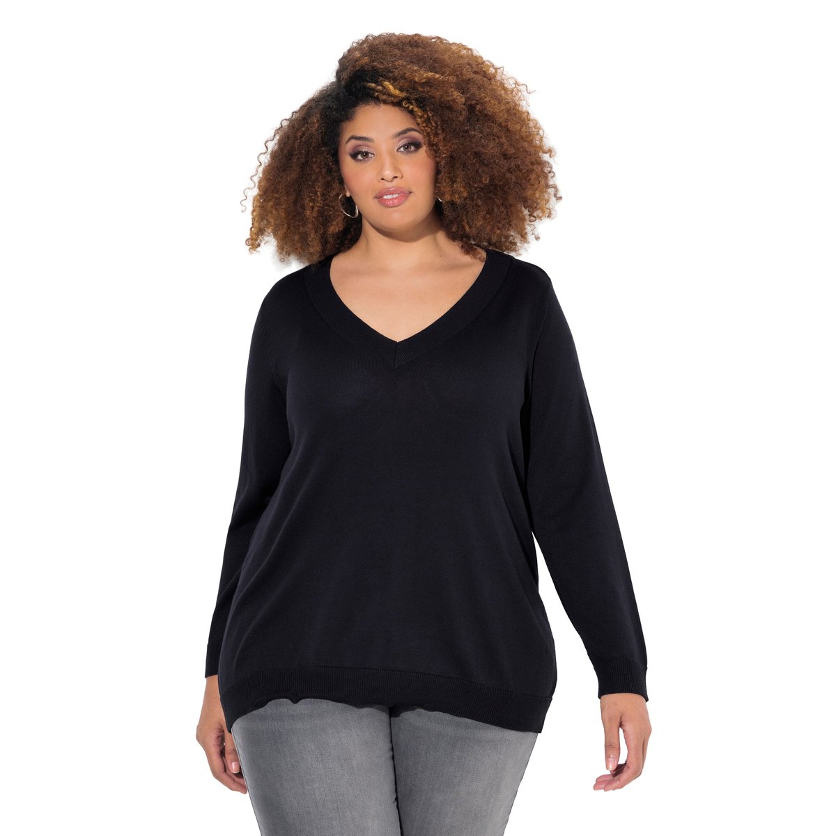 Pull V, maille fine, manches longues marine, ULLA POPKEN