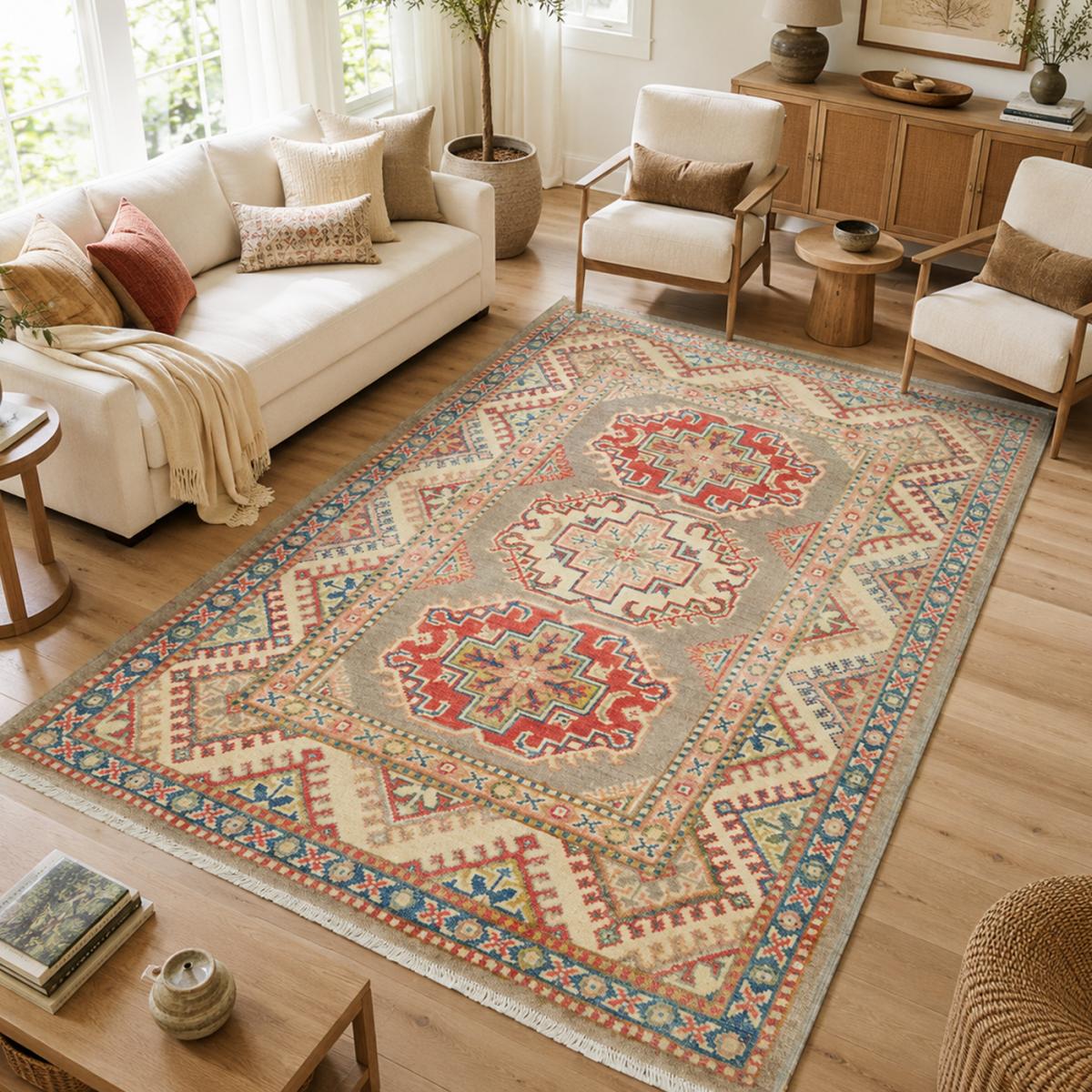 Tapis salon géométrique, noué main en laine, KAZAK CO 59 gris, beige, rouge, UN AMOUR DE TAPIS