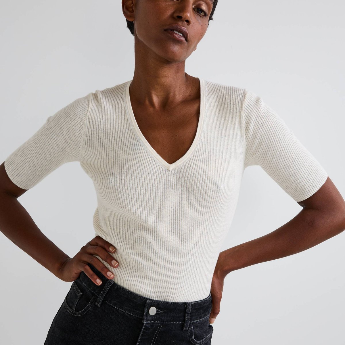 Pull manches coude à côtes en coton et cachemire naturel, MONOPRIX