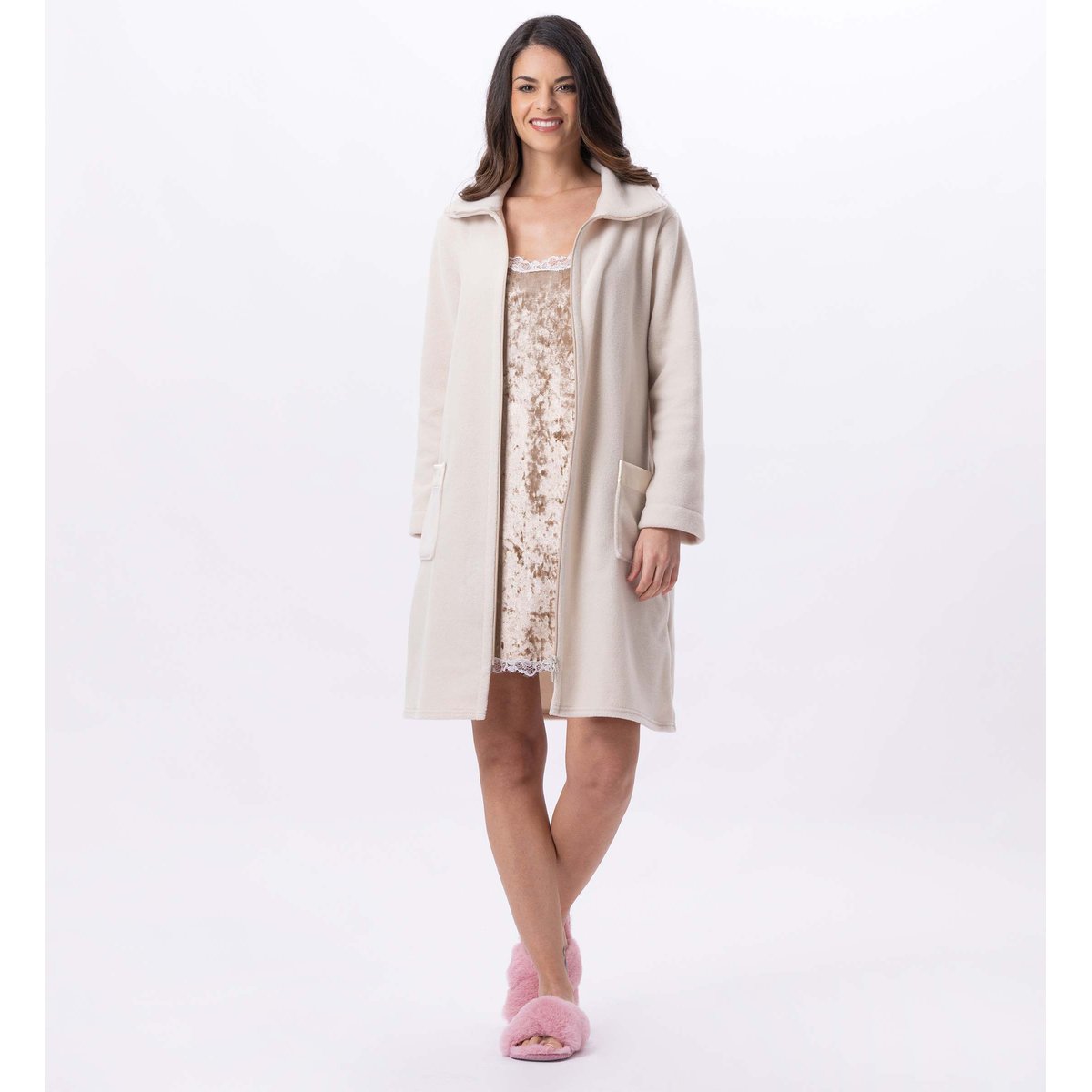 Robe de chambre zippée en polaire ESSENTIEL H54A rose, LE CHAT