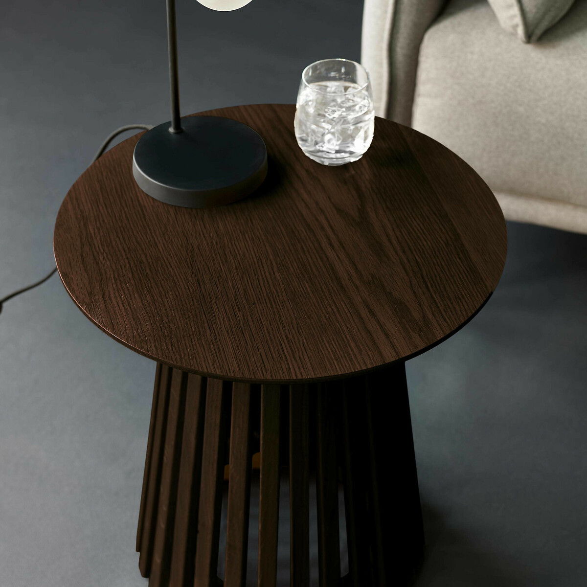 Osric Round Dark Oak Slatted Side Table dark oak wood, SO'HOME