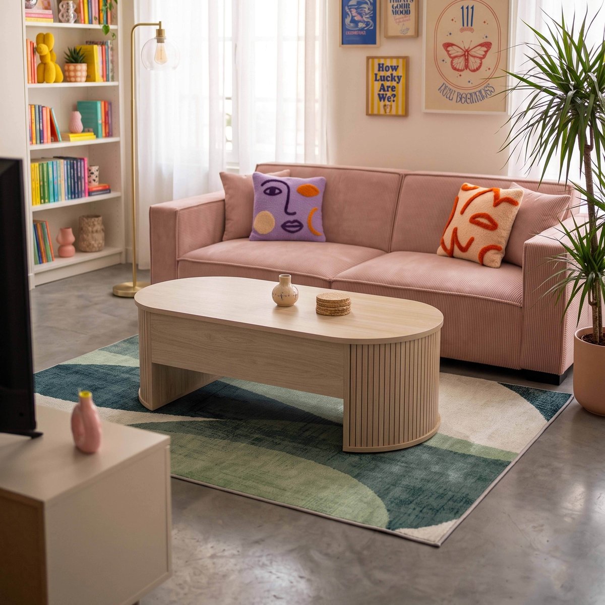 Table basse plateau relevable ovale en mélaminé effet bois 120x60 cm, GABY bois clair, OVIALA
