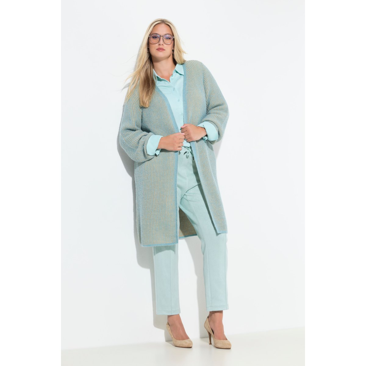 Cardigan long en maille côtelée double face bleu turquoise, ULLA POPKEN