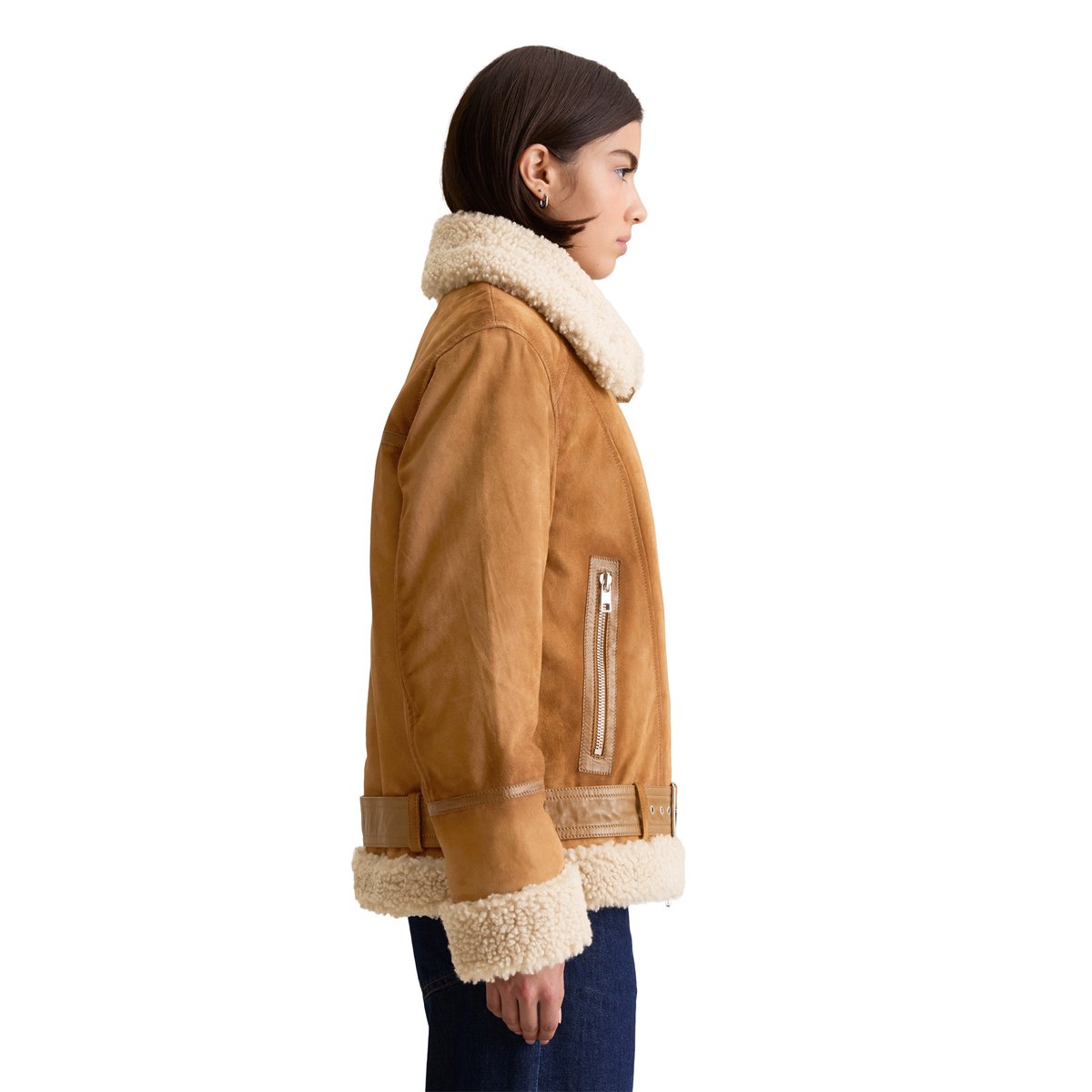 Veste en cuir velours régulière avec peluche Teddy marron, MARC O’POLO DENIM