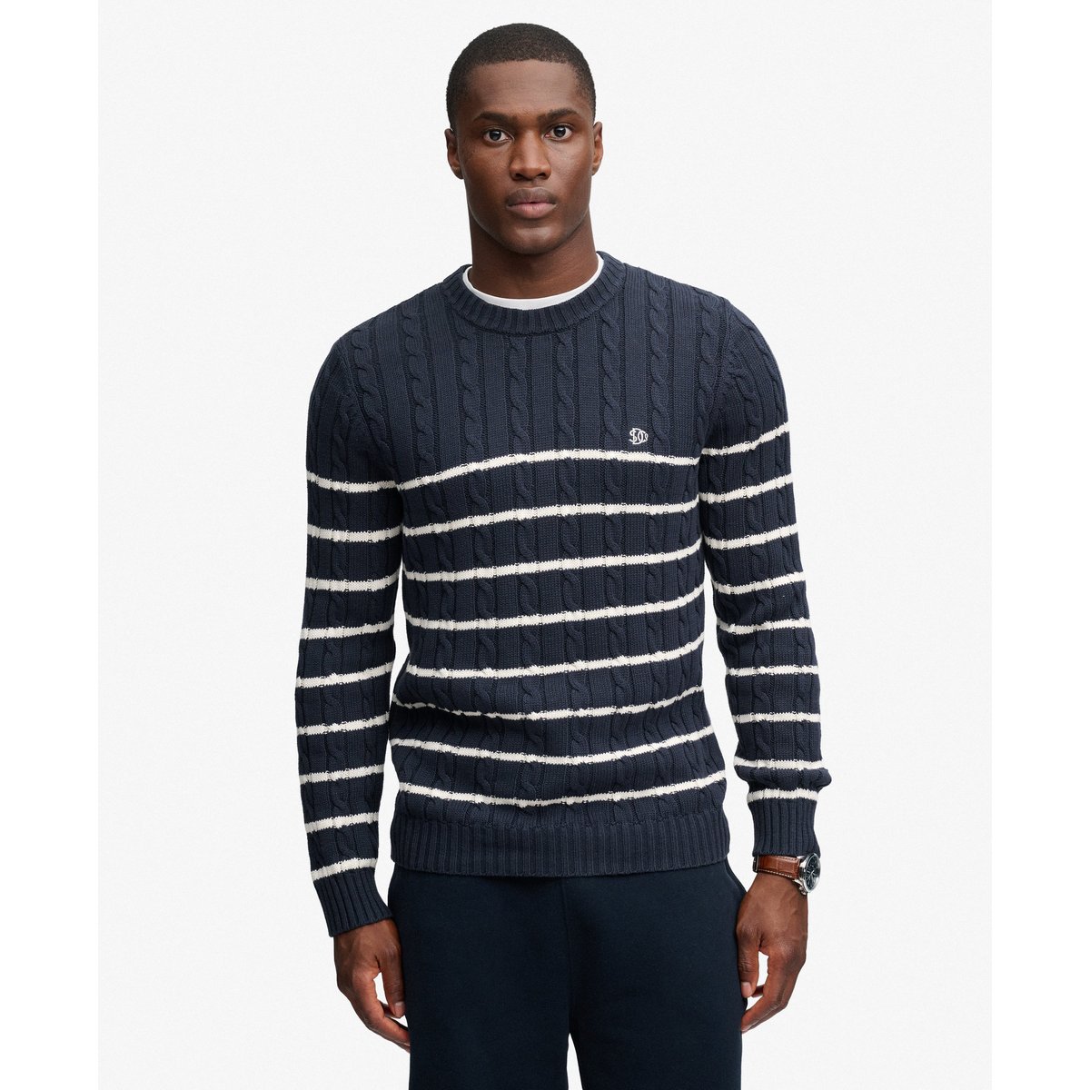 Pull en maille torsadée à rayures en coton rayé bleu marine/blanc, SUPERDRY
