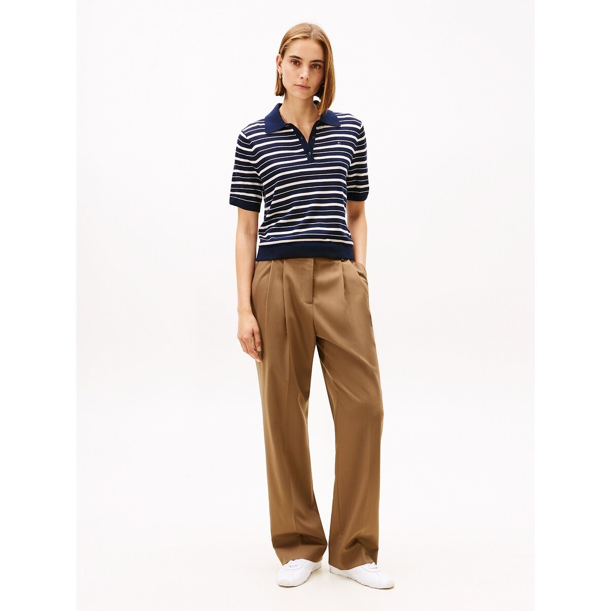 Pull rayé à col polo à manches courtes rayé marine/écru, TOMMY HILFIGER