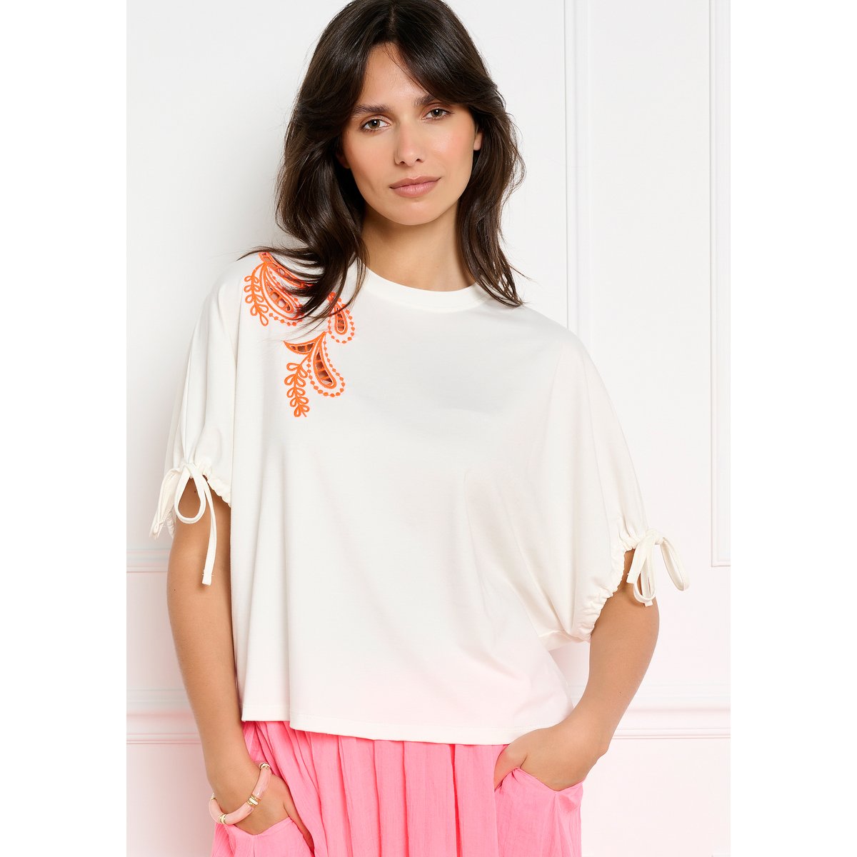 Top brodé manches nouées blanc, LOLALIZA
