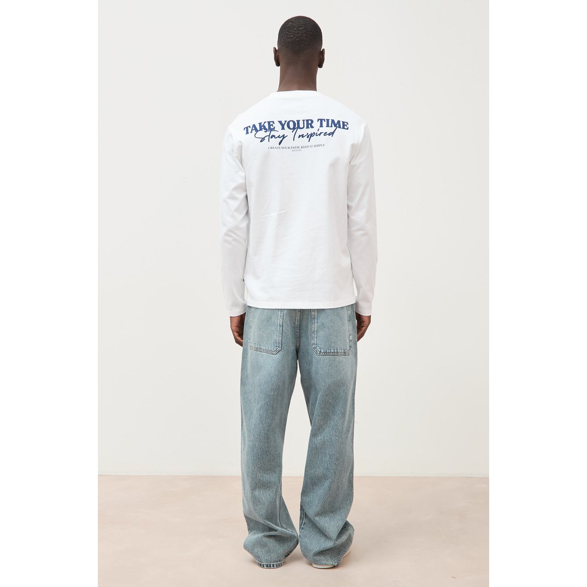 T-shirt droit en coton manches longues blanc, BONOBO