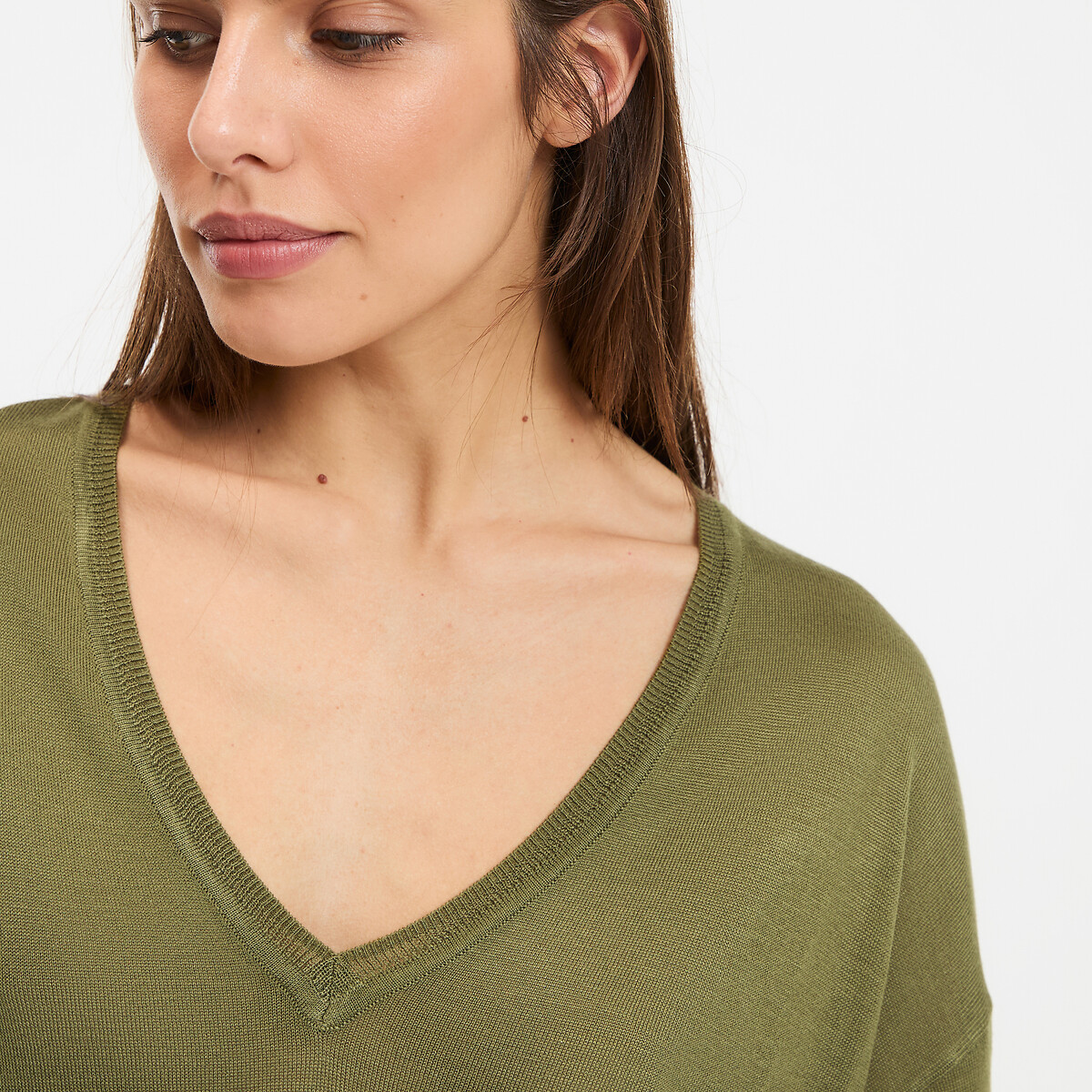 Pull col V, en fine maille vert kaki, LA REDOUTE COLLECTIONS