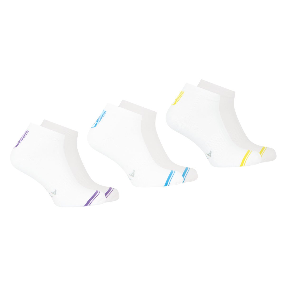 Socquettes, lot de 3 paires, TRAINING DRY blanc et jaune-blanc et bleu-blanc et violet, ATHENA